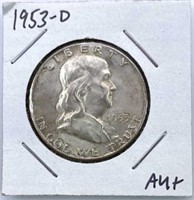 1953-D Franklin Silver Half Dollar, AU+
