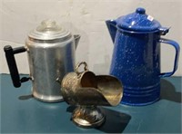 Blue Enamel & Aluminum Coffee Pot