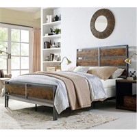 WALKER EDISON QUEEN SIZE METAL AND WOOD PLANK BED