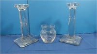 Etched Glass Antique Candlestick Pair, Etched