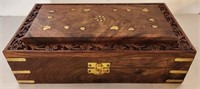 Carved Wood Dresser Box w/ Brass Inlay