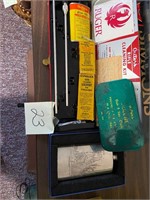 Gun cleaning kit, scope, Flask