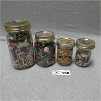 (3) Jars of Buttons - (1) Jar of Beaded Jewelry