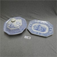Blue Transferware Platter & Covered Dish