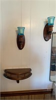 Pair of wooden wall sconces & shelf