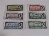 SIX 1954 BANK OF CANADA BANKNOTES