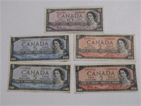 FIVE 1954 BANK OF CANADA BANKNOTES