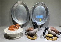 PEWTER WALL SCONCES, FOX BOWL, GEESE FIGURES