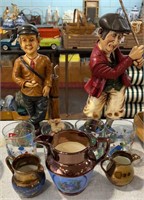 3 COPPER LUSTER PITCHERS, GOLF FIGURES, ETC.