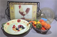 LARGE ROOSTER TRAY, BOWL & LOT OF FRUIT