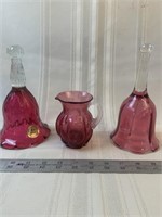 Fenton cranberry pitcher and 2 bells