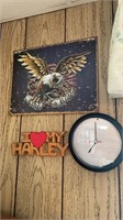 Harley Davidson clock and signs