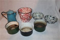 Vintage Enamelware Bowls, Bucket & Coffee Pot