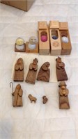 Hand carved items, nativity set, golf balls