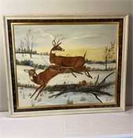 Hand-Painted Deer Scene in Frame on Board