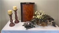 Candle w/ Candle Holders, Tray, & Floras