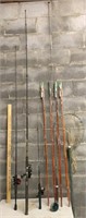 3 Fishing Poles, 4 Bamboo Rods, Fly Rod, & Net
