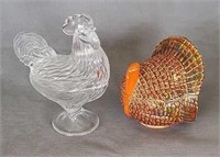 Ceramic Turkey & Glass Rooster Candy Dish