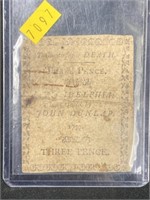 1777 John Dunlap Three Pence Note