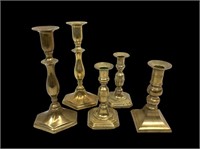 (5) Heavy Brass-Toned Candlestick Holders
