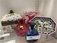 Porcelain Trinket Box, Art Glass, etc.
