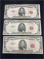 Three Red Seal $5.00 Bills