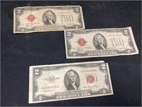 Three $2.00 Red Seal Bills