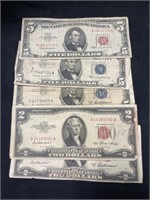 Two $2.00 and Three $5.00 Bills