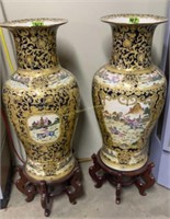 Large Oriental Floor Standing Vases With Wooden