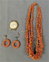 Red Coral Necklace, Earrings, Caravelle Watch Day