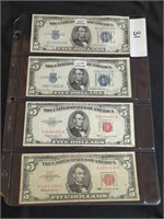 4 - $5 NOTES: 2 SILVER CERTIFICATES & 2 RED SEAL