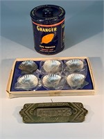 3 Pc Tobacco Tin, Letter Plaque, Shell Dishes