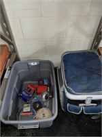 tote of miscellaneous items, rolling cooler