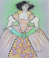 SIGNED PASTEL DRAWING WOMAN IN FANCY GOWN