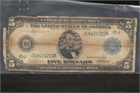 1914 US Currency Five Dollar Bill Federal Reserve