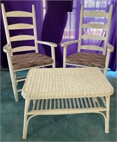 Painted Wood Chairs / Small Wicker Table