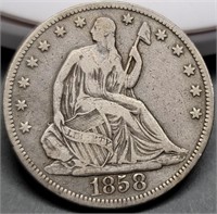 1858 Seated Liberty Half Dollar F+