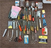 LOT OF TOOLS, SCREW DRIVERS, SCISSORS, GLOVES