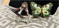 Beautiful Enameled Butterfly Box & Glass Bird