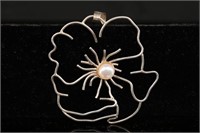 Sterling Silver Flower Pendant w/ Pearl Seahorse