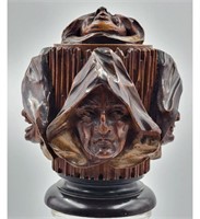 A Rare Hand Carved Wooden Tobacco Jar, Five Faces