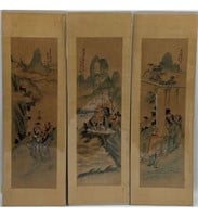 Set Of 3 Chinese Paintings On Silk With Calligrap