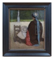 Signed Oil and Canvas Woman Sewing, Late 19th or