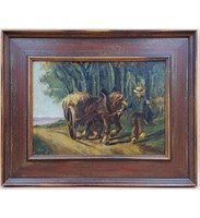 Signed Oil and Board Farmer and Horse at Work