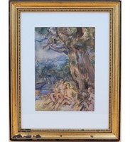 Signed and Dated Watercolor Nude Women in Landsca