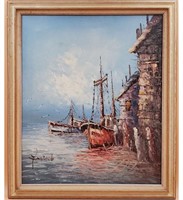 Oil on Canvas Harbor Scene Signed Florence Wilkin