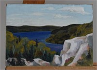 Unnamed, rocky cliff overlooking lake, oil,