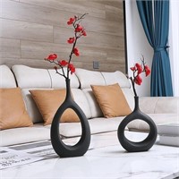 Set of 2 Black Ceramic Flower Vases, Hollow Oval