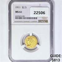 1911 $2.50 Gold Quarter Eagle NGC MS61