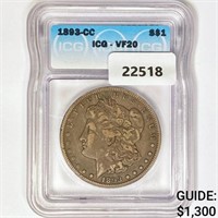 1893-CC Morgan Silver Dollar ICG VF20